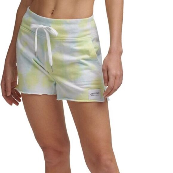 Calvin Klein Performance Yellow Blue Tie Dye French Terry Shorts Women's S NWT - Picture 1 of 6